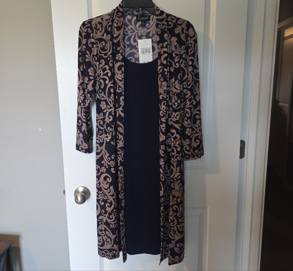 connected apparel Black Dress with Beige Floral-Patterned Duster - Picture 2 of 15